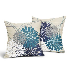 Navy Blue Teal Pillow Covers 16x16 Inch Dahlia Flower Decorative Throw Pillows Modern Geometry Floral Outdoor Farmhouse Pillowcase Linen Square Cushion Case Decor for Home Sofa Couch Bed, Set of 2