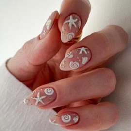 Summer Press on Nails Almond Beach Fake Nails 3D Ocean Acrylic Nails White Sea Shell Starfish Artificial Nails Medium Length False Nails Glue on Nails for Women Girls Manicure 24Pcs