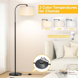 Arc Floor Lamps for Living Room with 3 Color Temperatures, Modern Floor Lamp Reading Light with 9W Bulb Included, Standing Lamp with Adjustable White Hanging ‎Lampshade for Bedroom Office(Black)