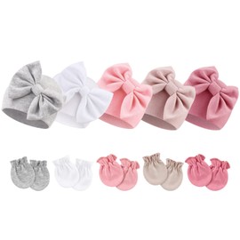 DRESHOW Newborn Baby Hat Mittens Hospital Hat Beanie Infant Hats with Bow Baby Gloves for 0-6 Months, 5 Sets A: Bow Hats & Mittens