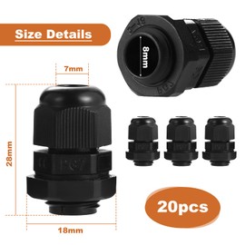 eROOSY 20 Pcs Cable Glands Waterproof PG7 Adjustable Cable Glands Nylon Cable Glands for Cables with a Diameter of 3-6.5mm, Waterproof Nylon Cable Glands, Black