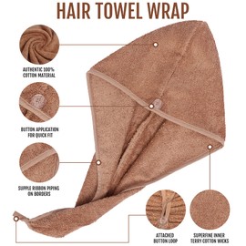 LUXURY Hair Towel Wrap 100% Cotton, Instant Drying Lightweight Turban Cap Super Quick Absorbent Anti-Frizz Twist Toweling Dry Hat with Button Loop for Long Curly Hairs, 62CM x 23CM Lavender Single