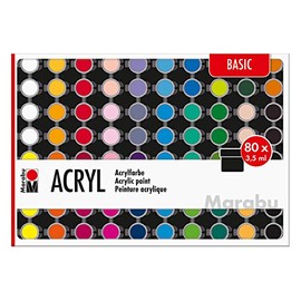Marabu 1210000000207 - Large Starter Set Acrylic Paints Basic, 80 x 3.5 ml, Water-based, Waterproof and Fade-resistant, Quick-Drying for Stretcher Frame, Paper, Cardboard, Wood