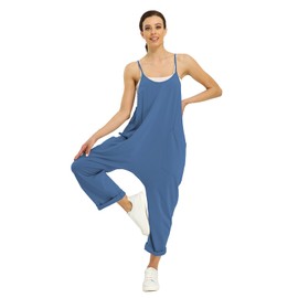 VOHOTO - Monos casuales elásticos sin mangas para mujer, overoles sueltos, pantalones harén fluidos, mamelucos de algodón con bolsillos, marino, XXL