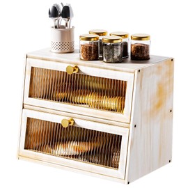 JUATPNIY Vintage Double Layer Bread Box for Kitchen Countertop，Large White Bread Boxes Wooden Breadbox Bread Storage Container Bin Bread Holder(Vintage White)
