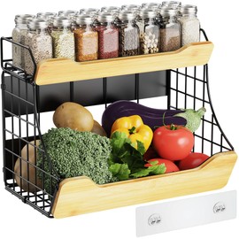 CACHOLIV Magnetic Shelf for Fridge - Fruit, Vegetable Potato and Onion Storage Bin with Adjustable Spice Rack - Large Container with Bamboo Board Fence for Refrigerator, Kitchen Counter, Cabinet