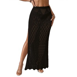 BreathSunny Womens Crochet Open Knit Elastic Waist Swimsuit Coverup Wrap Sarong Dress Summer 2025 Outfits Side Slit Mesh Swimwear Coverups Beach Swim Bathing Suit Cover Up Maxi Skirt Black