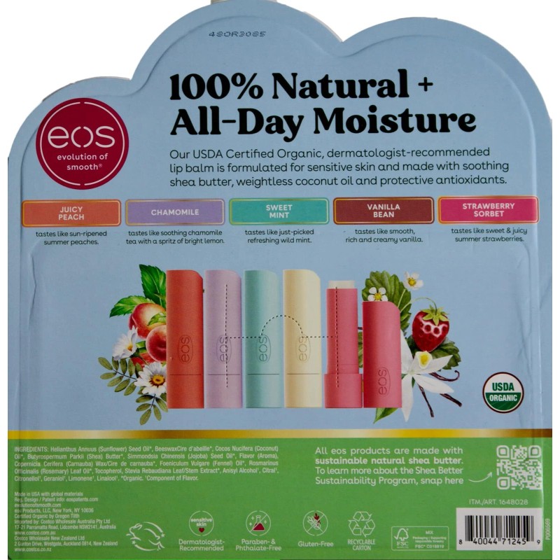 EOS Organic Lip Balm Juicy Peach Chamomile Mint Vanilla Strawberry,