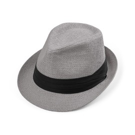 Straw Trilby Fedora Hat for Men Women 1920s Panama Hat Short Brim Summer Beach Sun Hat with Band Grey