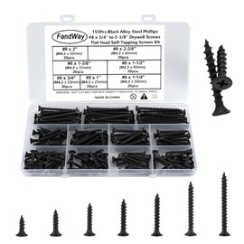 FandWay 155Pcs M4.2 (#8) Drywall Screws,Black Wood Screws,Phillips Flat Head Self Tapping Screw, Countersunk Head Self Tappers Screws Assortment Kit for Drywall Sheetrock,Wood,Furniture & Repairs