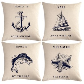 7ColorRoom Coastal Throw Pillow Covers Sea Theme Sand Beach Pillowcases Cushion Covers Set 18"×18" for Home Decor, Cotton Linen, Beach-4, 18"