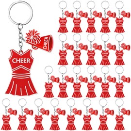 Kigeli 24 Pcs Cheer Keychain Bulk Acrylic Cheerleader Outfit & Megaphone Pom Pom Keychains Sport Cheerleading Team Gifts(Red)