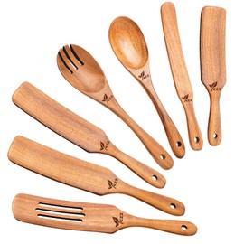 7Pcs Natural Spurtles Kitchen Tools Wooden Set,Natural Premium Acacia Wooden Spoons for Cooking,Heat Resistant Cooking Utensil for Nonstick Cookware