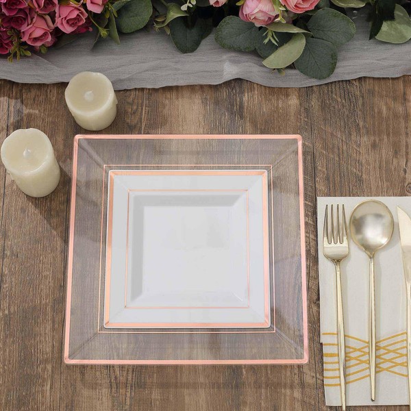 Efavormart 20 Pack 7" White Disposable Plates Square Plastic Plates Salad Dessert Plates With Shiny Rose Gold Rim For Weddings