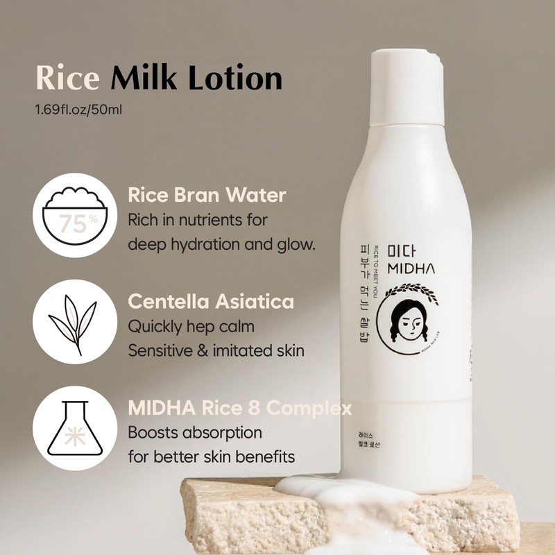 MIDHA RICE MILK LOTION, 6.76fl.oz/200ml, Deep Hydration, Soothing Care, Lightweight