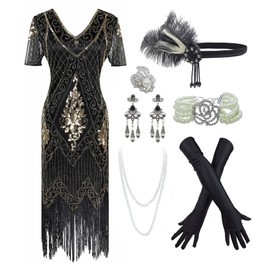 IWIWB 1920s Sequin Vintage Dress Beaded Gatsby Flapper Dress with Accessories Set (Large, Black&Gold)