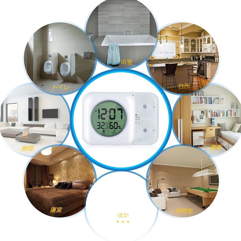 Waterproof Watch, Digital Thermometer/Hygrometer, Waterproof Clock, Bathroom Clock, Large Screen,