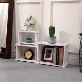 Set of 3 Nesting Wooden Crates, Small Rustic Farmhouse Wood Storage Boxes with Handles, Stackable Compact Organizer Bins for Kitchen Bathroom Bedroom Decor, 3 Sizes & 3 Colors (White, Brown, Black)