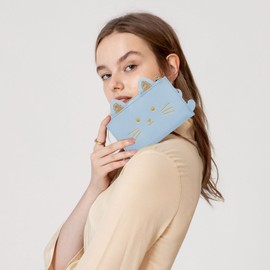 LJCZKA Cat Coin Purse for Women Cute Credit Card Holder Wallet Small Slim Zipper Change Pocket Leather Mini Girly Pouch with ID Window (Blue)