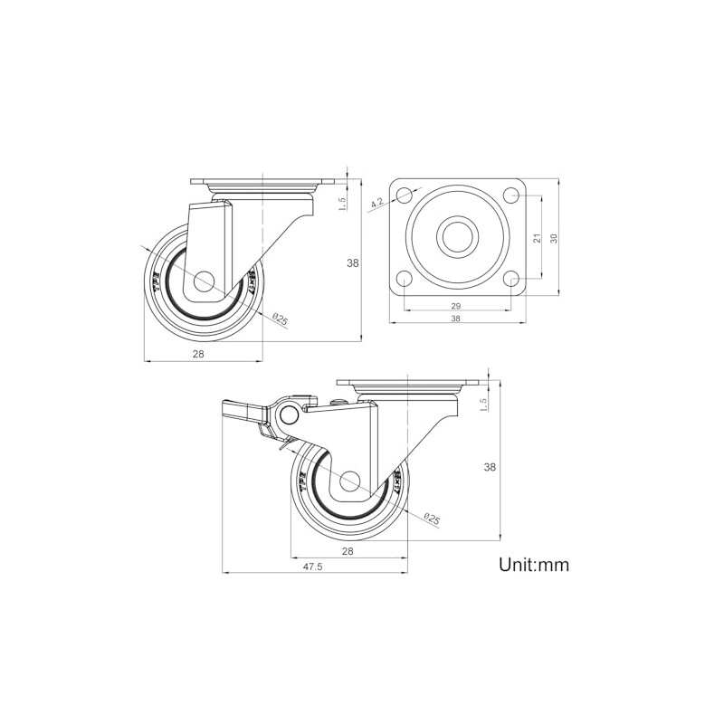 1" Small Caster Wheels Low Profile Casters for Furniture Soft