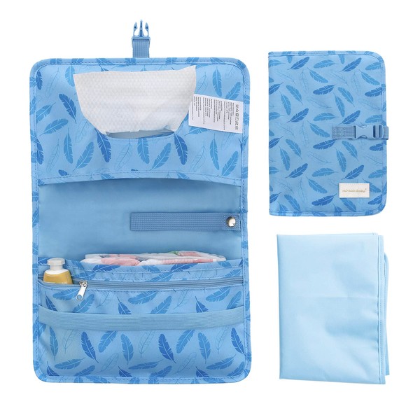 Portable Nappy Changing Mat, Baby Nappy Bag with Changing Mat for On The Go, Travel Baby Small Changing Bag, Foldable Changing Mat,Portable Nappy Organiser Bag with Zip, Blue