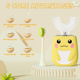 ELOTAME Kids Electric U Shaped Toothbrush Children Cartoon Sonic Automatic Toothbrush with 6 Brush Heads Full Mouth 6 Cleaning Modes - (Age2-7 Yellow)