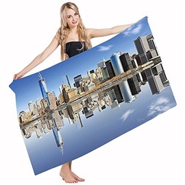 Mugod Bath Towel Beach Towel New York City Manhattan IslBlue Pale Orange Grey Quick Drying Bath Towels Cotton Polyester for Home Bathroom Pool and Gym 32 X 64 Inches