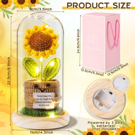 Honoson Valentine's Day Sunflower Gifts for Women Crochet Sunflower Gifts for Her Wife Girlfriend Mom Light up Sunflower in Glass Dome Gift for Birhday