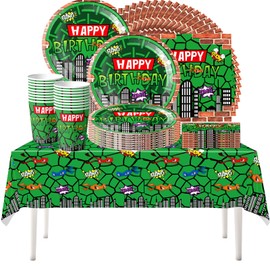 61 pezzi Set di stoviglie per feste di compleanno per bambini Green Turtle, festa di compleanno per bambini Superhero Turtle Shell, tazze, piatti, tovaglioli, tovaglia, adatto per 20 ospiti