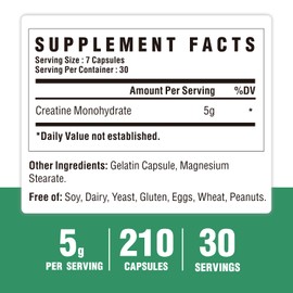 Creatine Monohydrate Capsules, Pure Creatine Pills Micronized for Enhanced Workout and Muscle Growth, Easy Absorption, Non-GMO, Unflavored - 210 Capsules