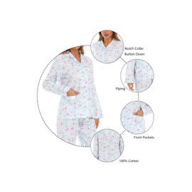 GLOBAL Womens 100% cotton pajamas set with long sleeve button down pjs 2 piece nightwear button fly sleepwear bottom drawstring waist pajama