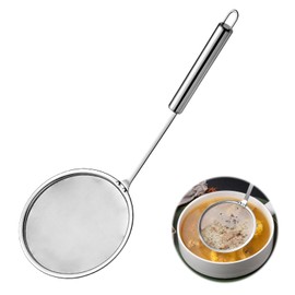 Stainless Steel Fat Skimmer Spoon 4”Multi-Functional Fine Mesh Hot Pot Grease Strainer with 9.4” Heat-Resistant Handle For Frying, Soup, Quinoa, Miso