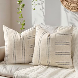 Tone Link. 18x18 Inch Farmhouse Throw Pillow Covers, Set of 2 Textured Pillowcase, Beige with White & Gray Stripe Patchwork Cushion Cover for Sofa Living Room (Cover ONLY)