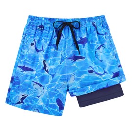 Cozople Boys Swimsuits Compression Liner Swim Shorts Shark Print Swimming Trunk Summer Swimwear Boxer Brief Anti Chafe Bathing Suit Blue Boardshorts Size 7