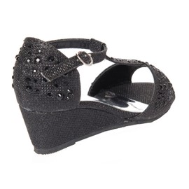 Olivia K Girls Glitter and Rhinestone Open Toe Wedge Heel (Toddler/Little Girl), BLACK Y4