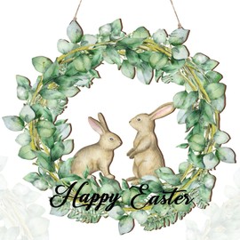 Bucherry Happy Easter Laurel Wreath Bunny Front Door Sign Wooden Easter Wall Art Hanging Flower Bunny Wooden Door Sign Rustic Farmhouse Wall Hanger Decor for Easter Spring Party Indoor Outdoor Home