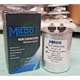 Mitco Run Capacitor 50 MFD x 370/440 VAC Round Mitco Model RCAPR50