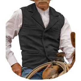 Garqia Clyon Hunting Aged Mens Tweed Vests Herringbone Waistcoats Retro Casual Wedding Wool Business Vests (Black,L)
