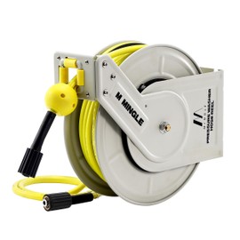 M MINGLE Retractable Pressure Washer Hose Reel, 1/4" × 60ft Heavy Duty Professional Hose Reel, Auto Rewind Power Washer Hose Reel, Wall/Floor Mounted, 3600 PSI