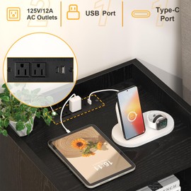 Night stand Set of 2, Bedside Tables with Charging Station, Rattan End Tables, Boho Bed Side Tables, Wood Nightstands set of 2 for Farmhouse Bedroom Living Room Dorm Sofa Couch Office Corner (Black)