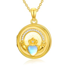 SOULMEET Claddagh Blue Heart Moonstone Gold Locket Necklace for Women That Holds 1 Photo 925 Sterling Silver Locket Memorial Gift for Mum Wife Girlfriends Christmas Valentine Mother Day (Locket only)