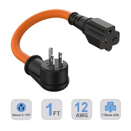 1FT 12AWG Right-Angle 15 Amp to 20 Amp Plug Adapter Cable,90-Degree 15 AMP Household Plug Nema 5-15P to 5-20R,5-15P to 6-15R/20R T-Blade 20Amp to 15Amp Adapter,125V 15A to 250V 20A AC Power Cord