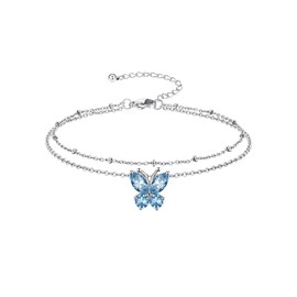 Richsteel Bling Butterfly Birthstone Anklets Layered Beaded Ankle Bracelets for Women, Silver 12 Month Zirconia Colors Foot Chain Summer Beach Jewelry with Gift Box