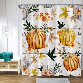 Autumn Pumpkins Shower Curtain Fall Thanksgiving Maple Leaves Pumpkin on Wooden Planks Rustic Farmhouse Festival Bathroom Decor Polyester Waterproof Fabric 72×72 inch