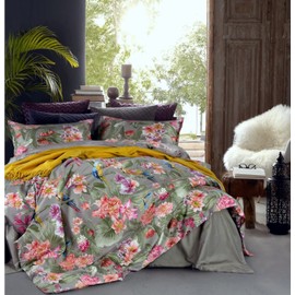 Eikei Vintage Botanical Flower Print Bedding 400tc Cotton Sateen Romantic Floral Scarf Duvet Cover 3pc Set Colorful Antique Drawing of Summer Lilies Daisy Blossoms (Twin, Taupe)