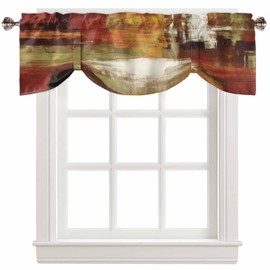 RisQiten Burnt Orange Tie Up Valance Curtains for Windows, Brown Green Fall Kitchen Curtains Window Treatments, Modern Oil Painting Abstract Art Short Window Valances for Bedroom Bathroom Cafe 42"x18"