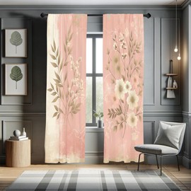 Ambesonne Pink Window Curtains, Leafy Floral Illustration Modern Boho Concept Rose Tones Grunge Art Minimalist, Lightweight Decorative 2-Panel Set & Rod Pocket, Pair of - 28" x 63", Blush Dark Mustard