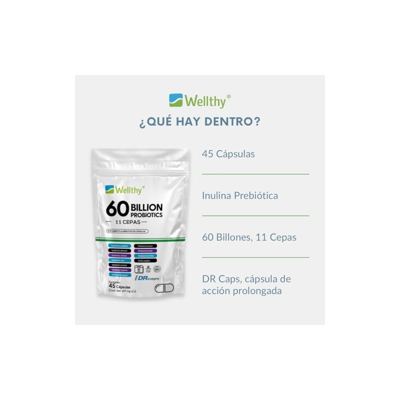 Wellthy Probioticos 60 Billones 11 Cepas. 45 Cápsulas Mes y