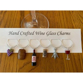 hand crafted " WINE THEMED" SET OF 6  Hand Crafted Wine Glass Charm
