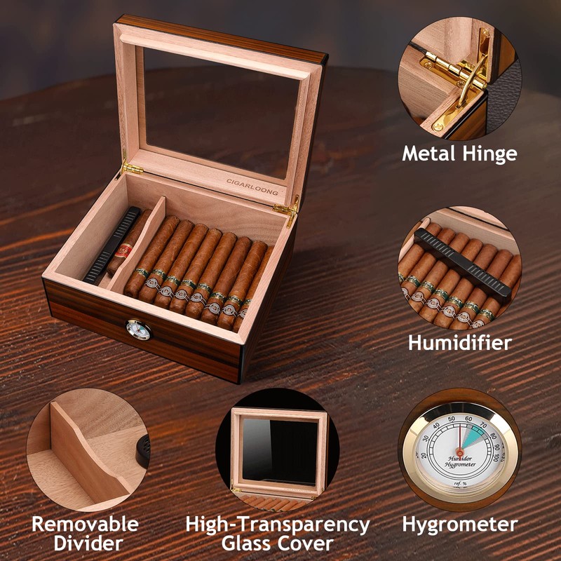 CIGARWONG Cigar Humidors Spanish Cedar Holds 25-35 Cigars Desktop Box